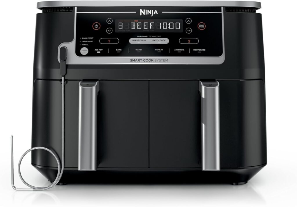 NinjaDZ550 Foodi 10 Quart 6-in-1 DualZone Smart XL Air Fryer with 2 Independent Baskets, Smart Cook Thermometer for Perfect Doneness, Match Cook and Smart Finish to Roast, Dehydrate and More, Black
