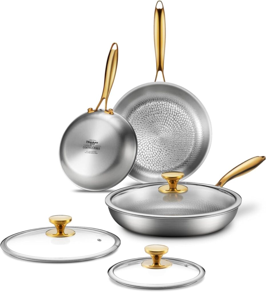 Titanium Pans for Cooking | 8/10/12 Inch Pure Titanium Skillet Set with Lids | Hammered Chef-Grade Tagine Design | PFAS/PFOA/PTFE-Free | Induction & Oven-Safe, Dishwasher Safe