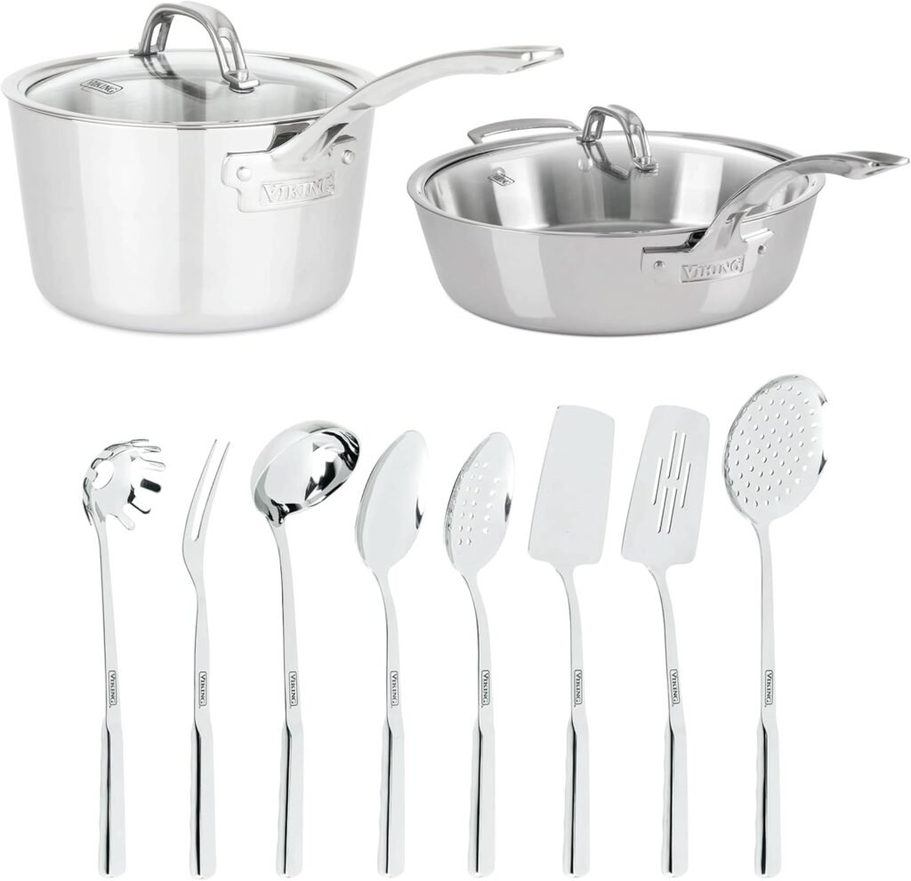Viking Stainless Steel Kitchen Essentials Bundle – 3-Piece Cookware Set with 8 Cooking Utensils, 4.8 Qt Sauté Pan & Lid, 3.4 Qt Sauce Pan & Lid – Induction Ready, Oven & Dishwasher Safe