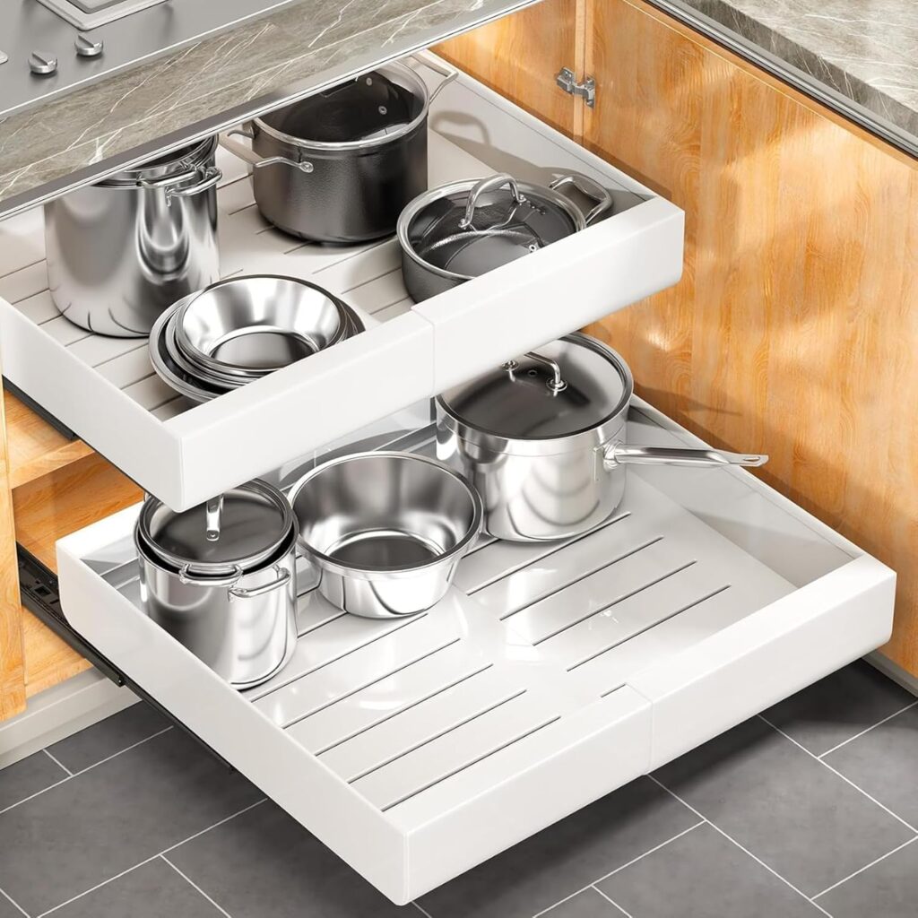 Pull out Cabinet Organizer, 6-pack, Expandable(12″-20″) Heavy Duty Slide out Drawers Fixed with Adhesive Nano Film for Pots, Roll out Shelf Storage for Kitchen Base Cabinet Organization(3 Rails)