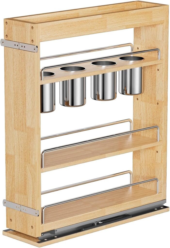 OCG 5″ Pull-Out Solid Wood Storage Organizer for Base Cabinets, Soft Close 3 Tier Narrow Pull-out Wooden Storage Rack for Spices, Utensils, and Kitchen Tools