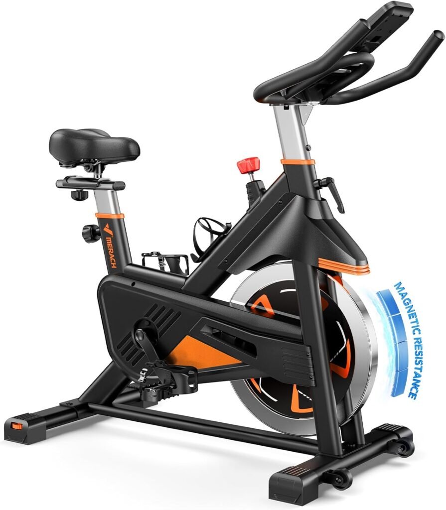 Merach Magnetic Exercise Bike, Heavy Duty Stationary Bike with Automated Resistance, 300 350 Lbs Weight Capacity, Low Noise Indoor Workout Bike for Home Gym with Self-Developed App