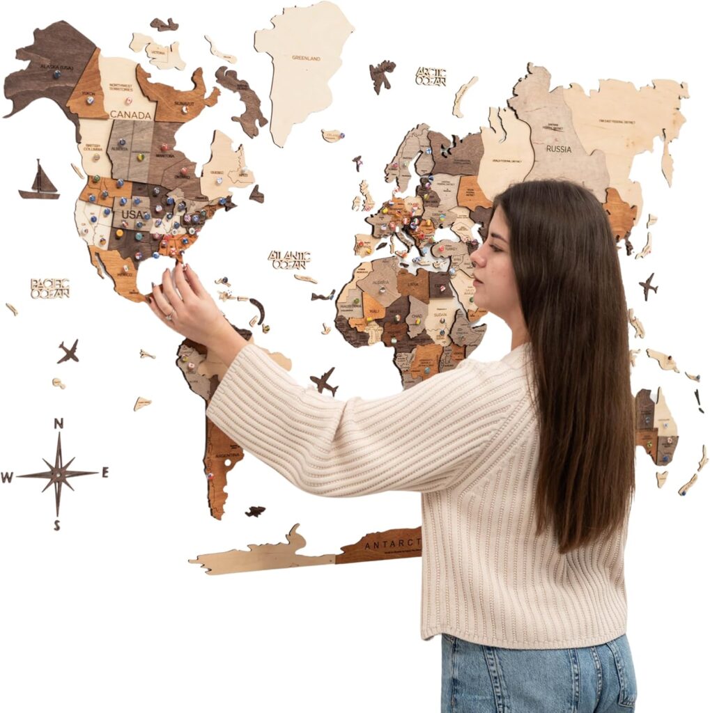 Enjoy The Wood 3D Wooden World Map Wall Art – Large Travel Map with Pins for Art Decor – Decorative Map of the World for Home, Office – Travel Wall Art Housewarming Gift Idea (Multicolor, L, Unframed)