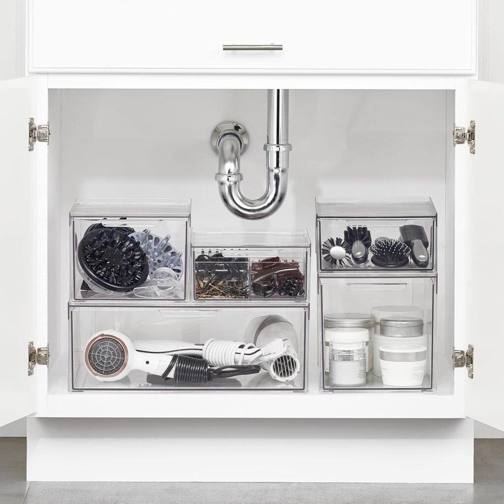 mDesign Plastic Stackable Bathroom Storage with Pull Out Bin Organizer Drawer for Cabinet, Vanity, Shelf, Cupboard, Cabinet, or Closet Organization – Lumiere Collection – 8 Pack – Clear