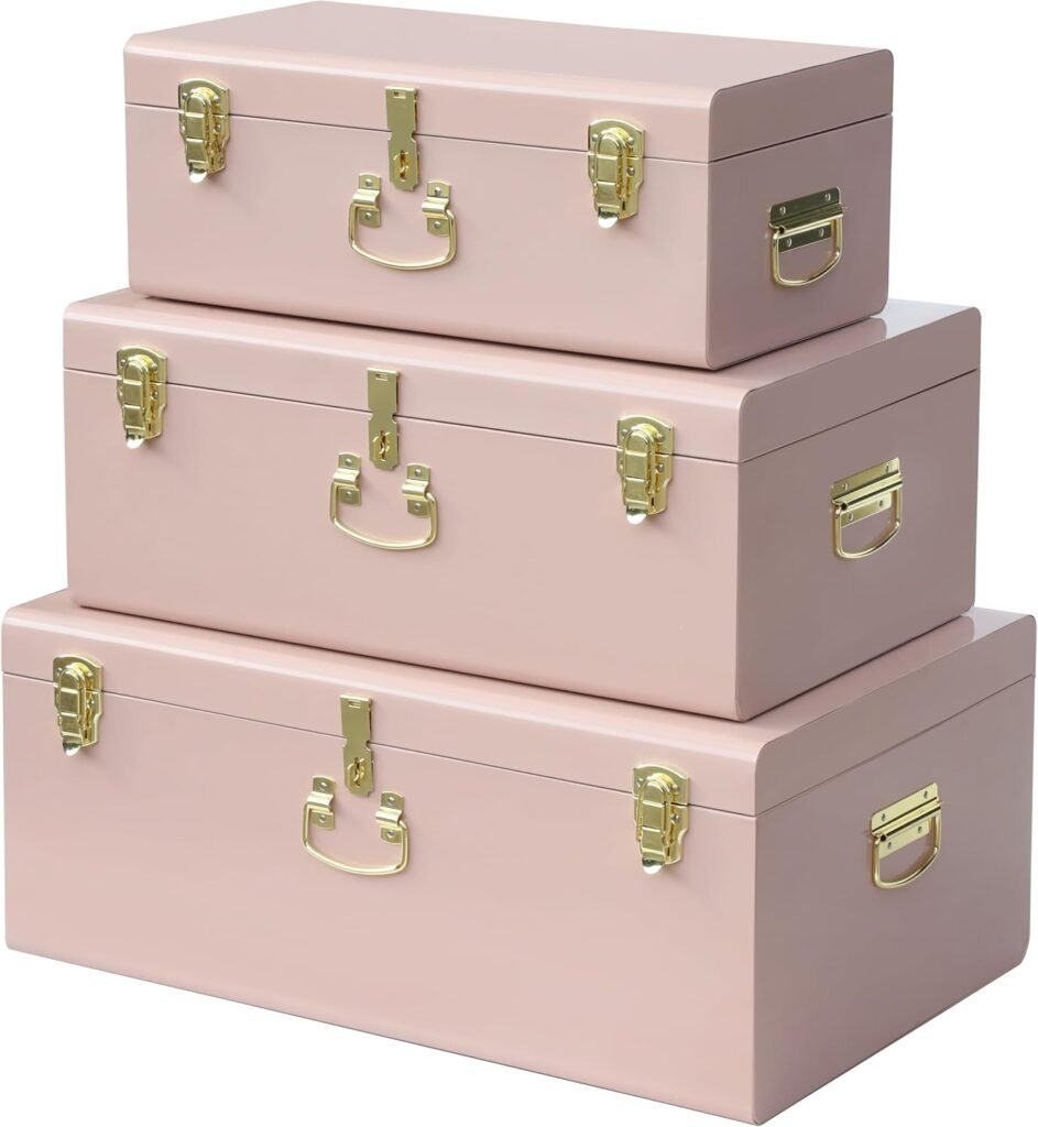 Vixdonos Decorative Box Set of 3 Metal Trunks Chest with Safety Lock Clasp for Treasure Organization and Home Dorm Decor,26.8×16.5x11Inches