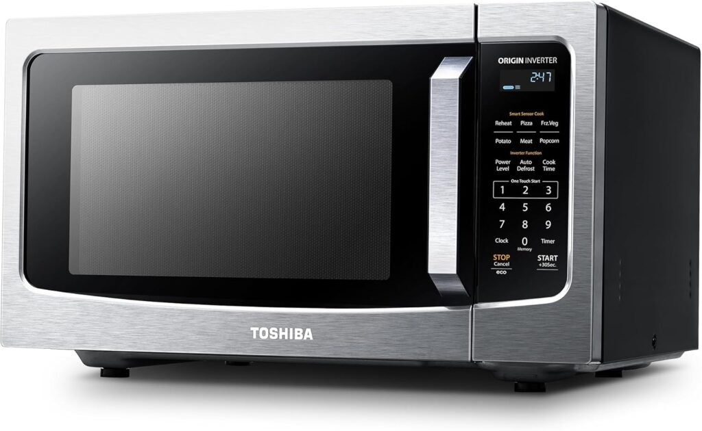 TOSHIBA ML-EM45PIT(SS) Countertop Microwave Oven with Inverter Technology, Kitchen Essentials, Smart Sensor, Auto Defrost, 1.6 Cu.ft, 13.6″ Removable Turntable, 33lb.&1250W, Stainless Steel